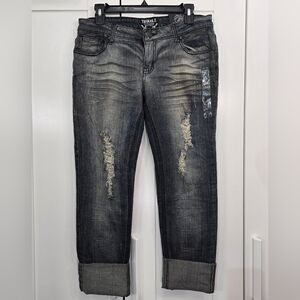 THRILL Black Stonewash Distressed Cropped Jeans With Bedazzled Pockets Sz 11 NWT